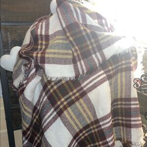 Plaid Fringe Wrap Scarf in White and Burgundy